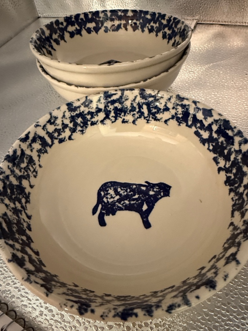 Vintage Tienshan Folk Craft Sponge Blue Stoneware Bowls